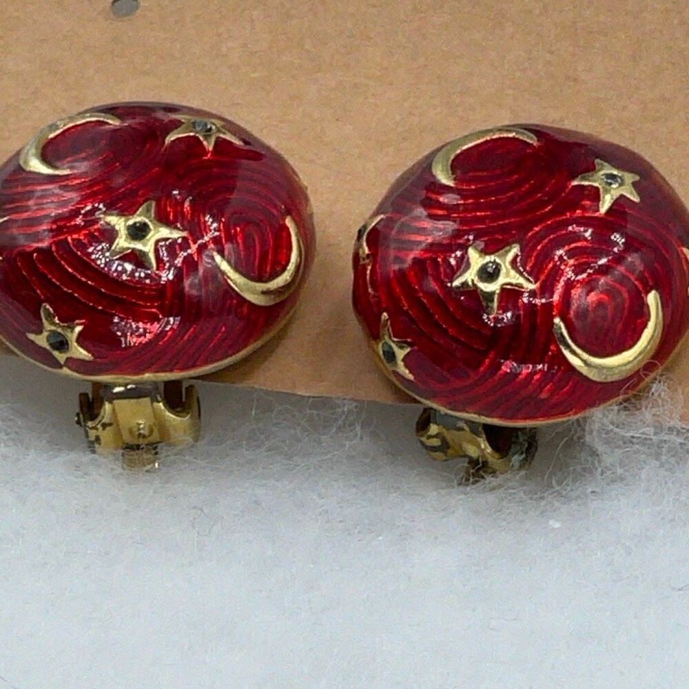Vintage Celestial themed enamel dome clip earrings